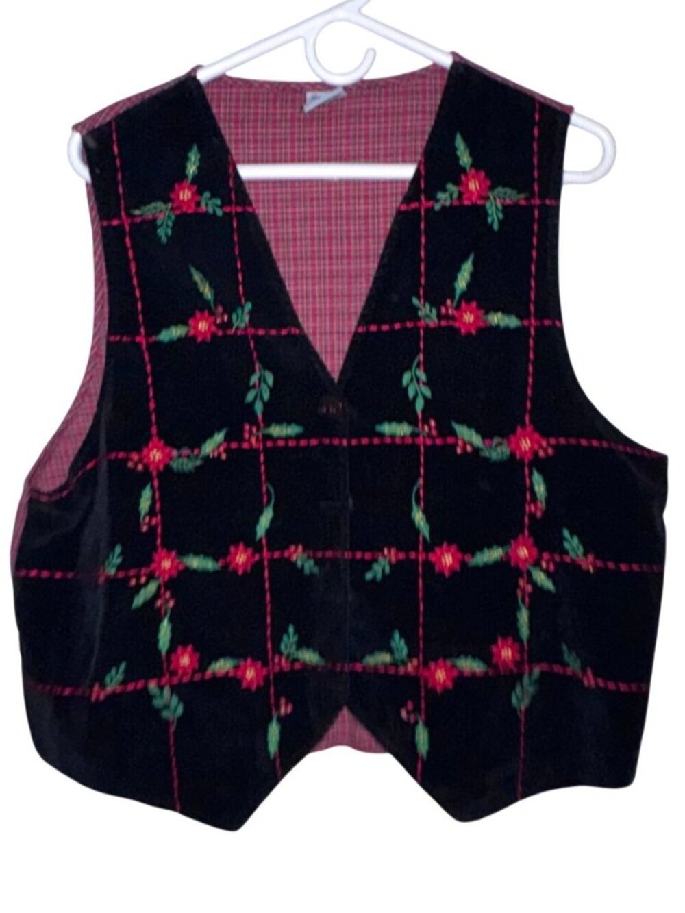 Vintage Cascade Blues Floral Embroidered Vest With Holiday Holly Motif Xl